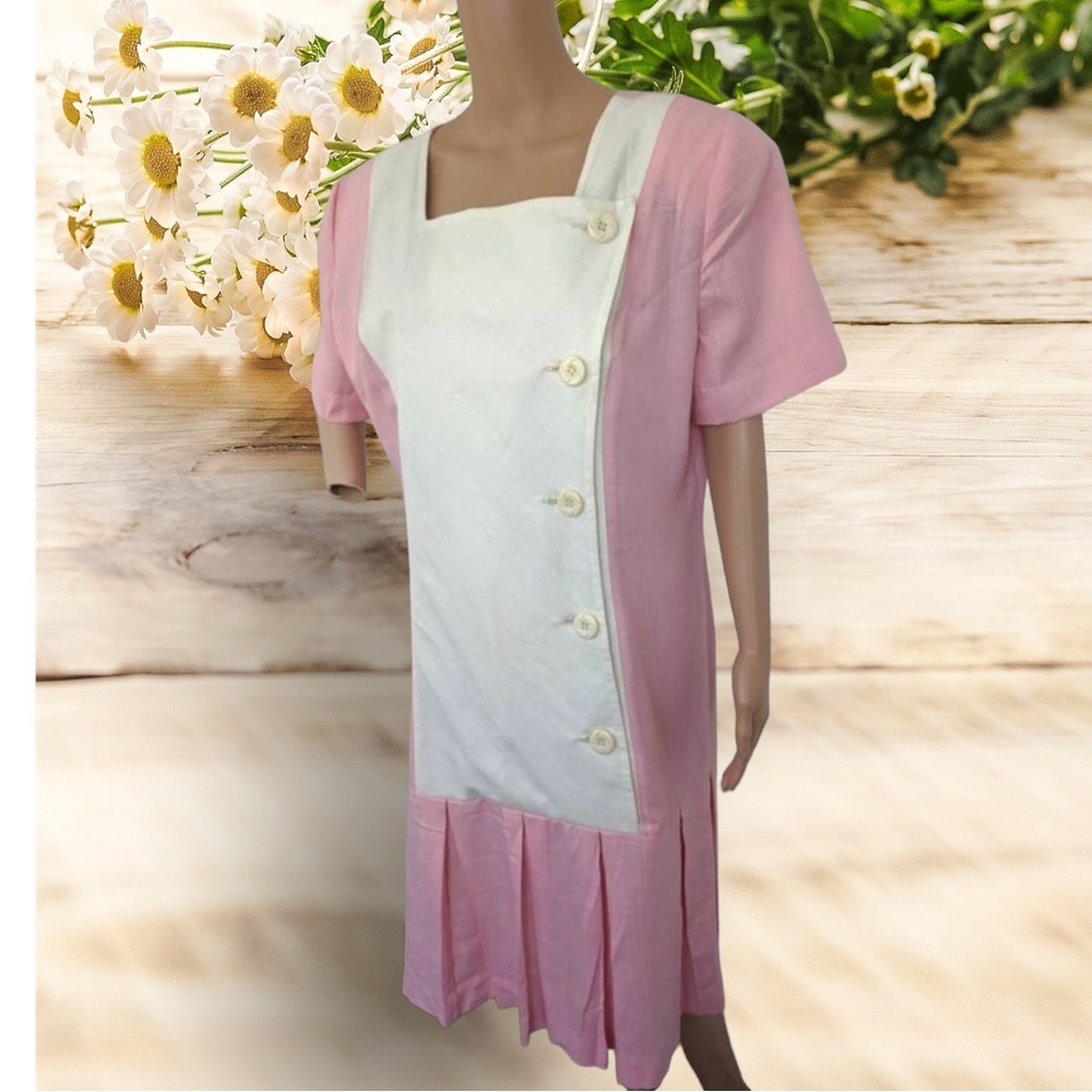 80s Vintage Pink Dress Cotton Retro Boxy Short Sleeve L